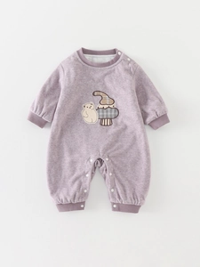 Cute purple long-sleeved baby romper with cartoon bear embroidery and snaps