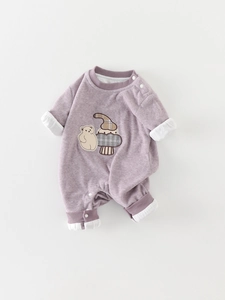 Cute lavender long sleeve baby romper featuring teddy bear embroidery and ribbed cuffs