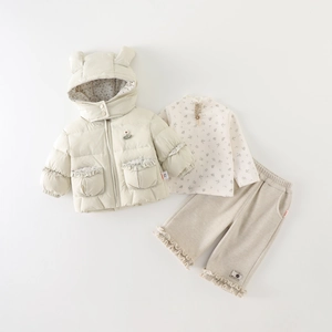 Toddler Girl Winter Thickened Warm Hooded Jacket Floral Long Sleeve Shirt Ruffle Pants Outing Clothing Outfit Casual Suit