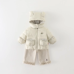 Winter toddler padded jacket set in cream beige with floral lining and cute animal ear hood