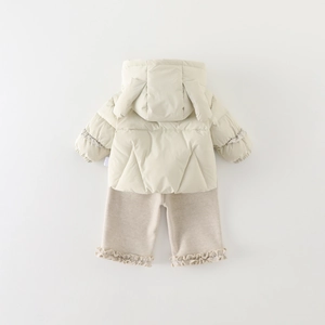 Winter toddler girl cotton padded outfit with bunny ear hood and ruffled hem pants