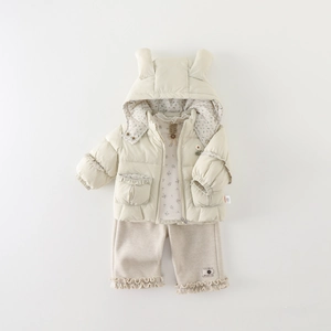 Beige infant winter coat set with bear ear hood and floral details for little girls