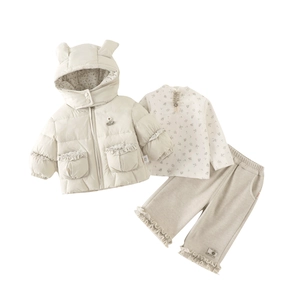 Baby girl 3-piece winter set with beige hooded jacket, floral top and matching pants
