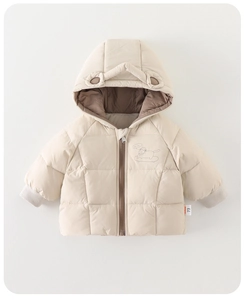 Detail of hooded infant winter jacket with cute ears and elephant pattern design
