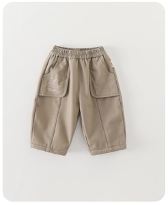 Detail view of khaki toddler cargo pants featuring elastic waist and cute animal pockets