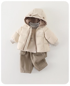 Detail of baby boy hooded winter coat set with animal ears and striped inner shirt