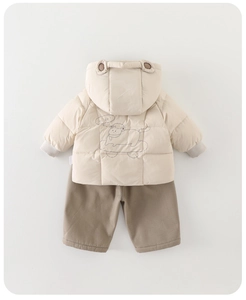 Detail view of baby winter hooded coat with sheep print and matching warm pants