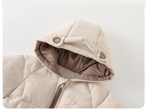 Detail of hooded infant winter coat with animal ears and cute puppy cartoon print