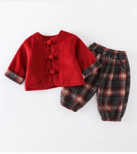 Traditional red Chinese new year baby girl outfit set with frog button top and plaid pants