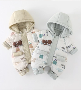 Detail of baby winter rompers featuring 3D elephant patches and cute cartoon prints