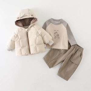 Toddler Baby Boy Winter Thickened Outfits Hooded Quilted Jacket Striped Long Sleeve Undershirt And Cargo Pants Cute Ear Warm