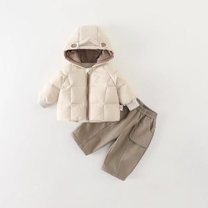 Toddler boys winter beige hooded fleece jacket and brown pants two-piece warm outfit set