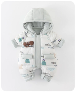 Detailed view of baby winter romper with 3D elephant doll and quilted white duck down fabric