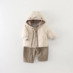 Toddler boys winter 3-piece set with quilted hooded jacket striped shirt and pants