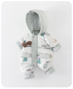Close-up of white down jumpsuit for infants with cute brown elephant patch detail