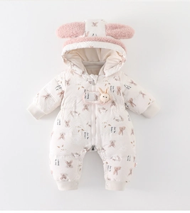 Detailed view of baby romper featuring a cute bunny print and 3D bunny ears on hood