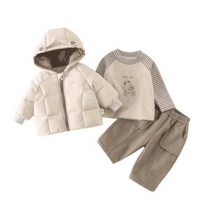 Baby boy 3-piece winter set with beige hooded jacket, striped tee and khaki pants