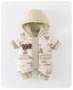 Detailed close-up of white down romper featuring 3D elephant decor and cute cartoon prints