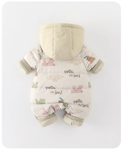 Detail of hooded infant snowsuit featuring quilted insulation and cartoon animal prints