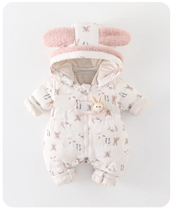 Detail of baby winter romper with cute rabbit ears and 3D bunny head decoration
