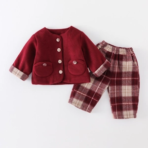 Baby Girls Winter Warm Padded Fleece Jacket And Plaid Pants Suit Festive Toddler Round Neck Clothing Outfit Red