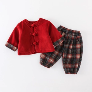 Baby Girls Winter Fleece Clothing Outfit Chinese Style Frog Button Red Top Plaid Pants Warm Festive Apparel For Toddlers