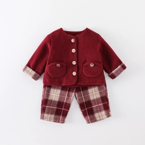 Toddler girl festive red wool coat and plaid pants set for winter warm clothing