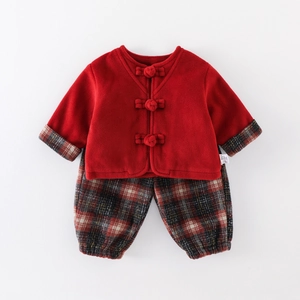 Baby girl festive red wool two-piece set with Chinese knots and checkered pants
