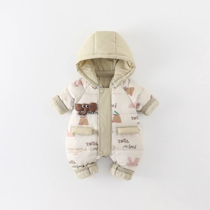 Infant winter one-piece down jumpsuit with cute 3D elephant design and hood