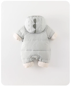 Back view of baby winter romper in grey blue with dinosaur hood and thick padding