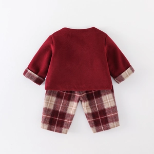 Winter baby girl two-piece red wool set with warm quilted top and plaid pants