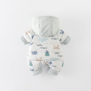 Padded baby winter jumpsuit with 90% white duck down and cute cartoon animal patterns