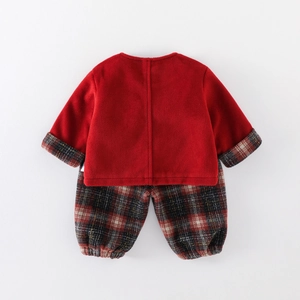 Toddler girls red fleece jacket and classic plaid pants winter warm two-piece outfit