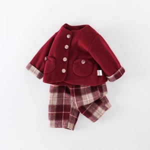 Toddler girl festive red wool fleece jacket and plaid pants two-piece winter outfit set