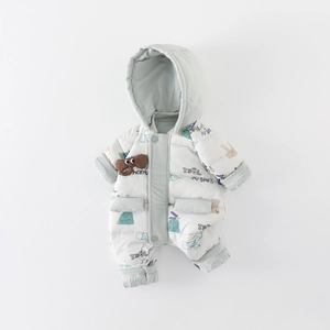 Cute gray baby hooded romper with white duck down padding and small elephant toy decoration
