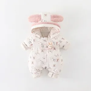 Winter Thickened White Duck Down Jumpsuit For Infant Girls Cute Rabbit Ear Hooded Outdoor Snowsuit Baby Romper Clothes