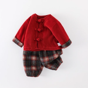 Baby girl festive red fleece top with plaid pants winter two-piece outfit set
