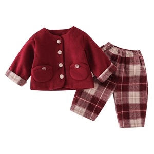 Toddler girl winter red fleece jacket and plaid pants set for warm festive new year wear