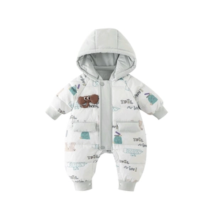 Cute cartoon elephant hooded baby winter romper with 90 white duck down in light grey