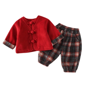 Baby girl festive red wool winter set with traditional buttons and plaid pants