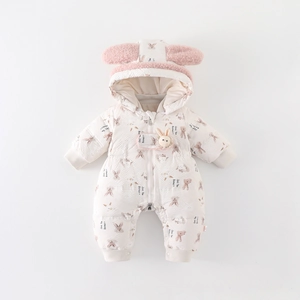 Thick infant winter jumpsuit with rabbit prints, fleece bunny ears, and plush padding
