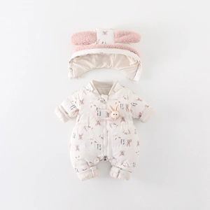 Thick infant winter jumpsuit with rabbit prints and plush ear hat in creamy white