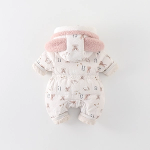 Thick infant white duck down romper with bunny ears hood and quilted bunny pattern print