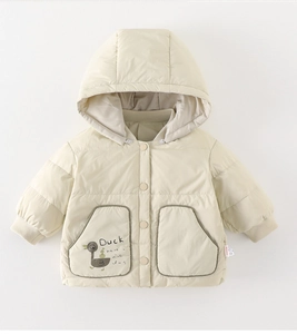 Detail of kids hooded puffer jacket featuring a cute cartoon duck and ribbed cuffs