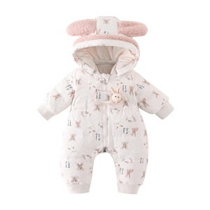 Thick infant winter jumpsuit with white duck down padding and cute bunny ears hood