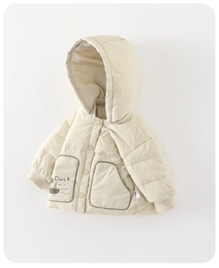 Detail of baby hooded puffer jacket with cute duck print and elastic windproof cuffs