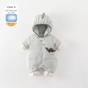 Infant Baby Boy Winter Thickened Down Romper Hooded Dinosaur Cartoon Pattern Quilted Jumpsuit Warm White Duck Down Snowsuit
