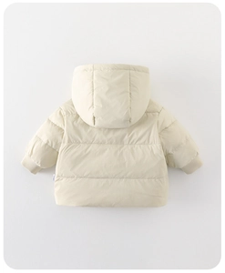 Detail view showing back of off-white hooded puffer jacket with quilted padding and ribbed cuffs