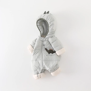 Thick light gray baby winter romper with dinosaur hood and warm fleece lining