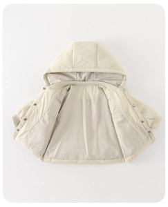 Flat lay of lightweight off-white toddler jacket with hood and elastic cuffs